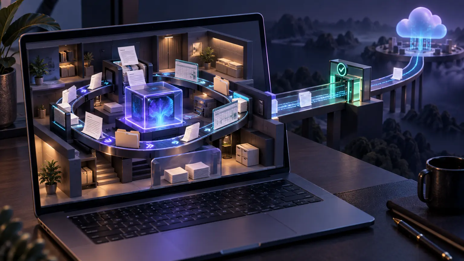 Un laptop proceseaza documentele firmei intr-un circuit local, iar o poarta de aprobare controleaza singura legatura spre cloud