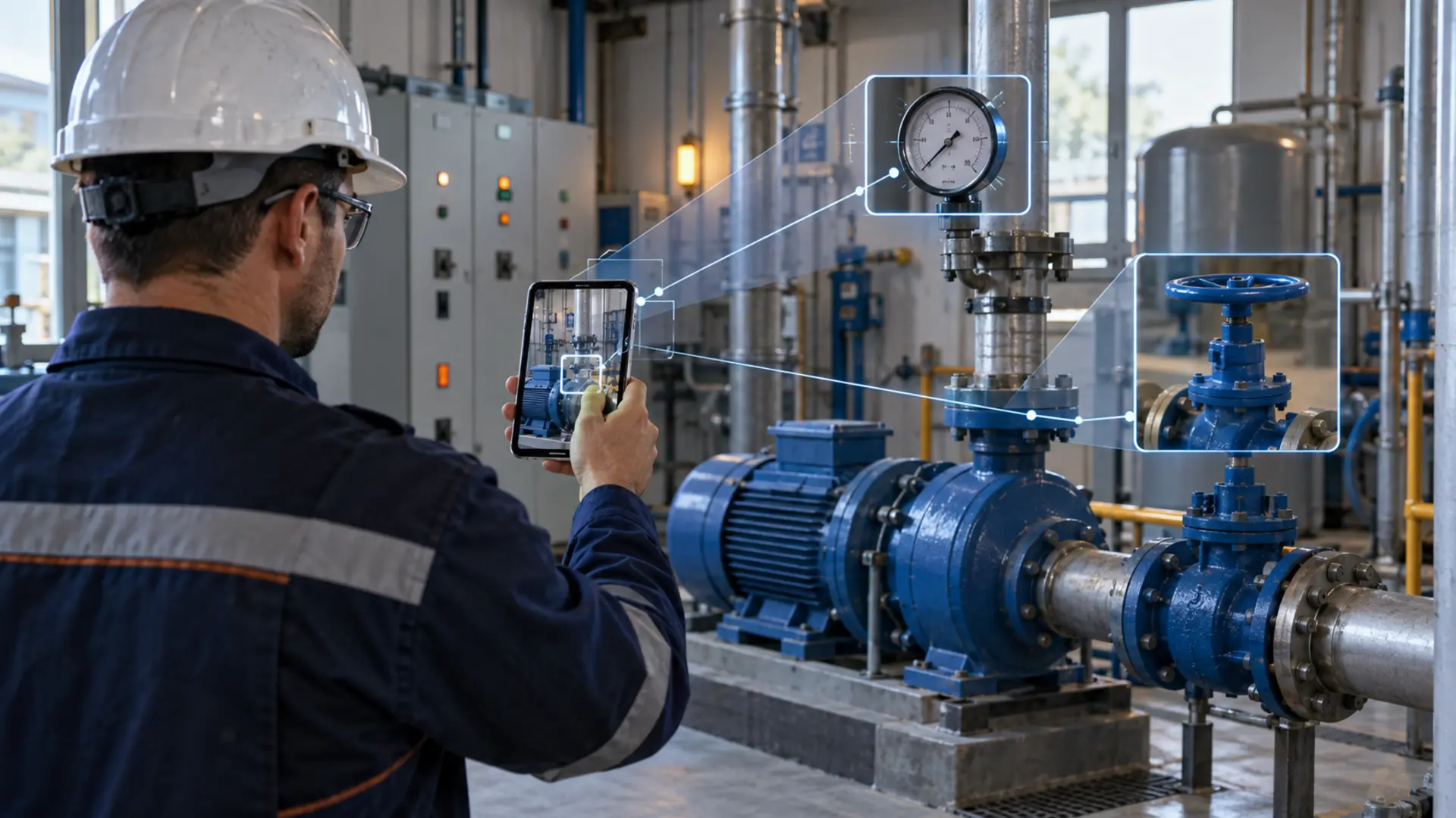 Tehnician care foloseste camera telefonului pentru a primi asistenta vizuala la inspectarea unei pompe industriale