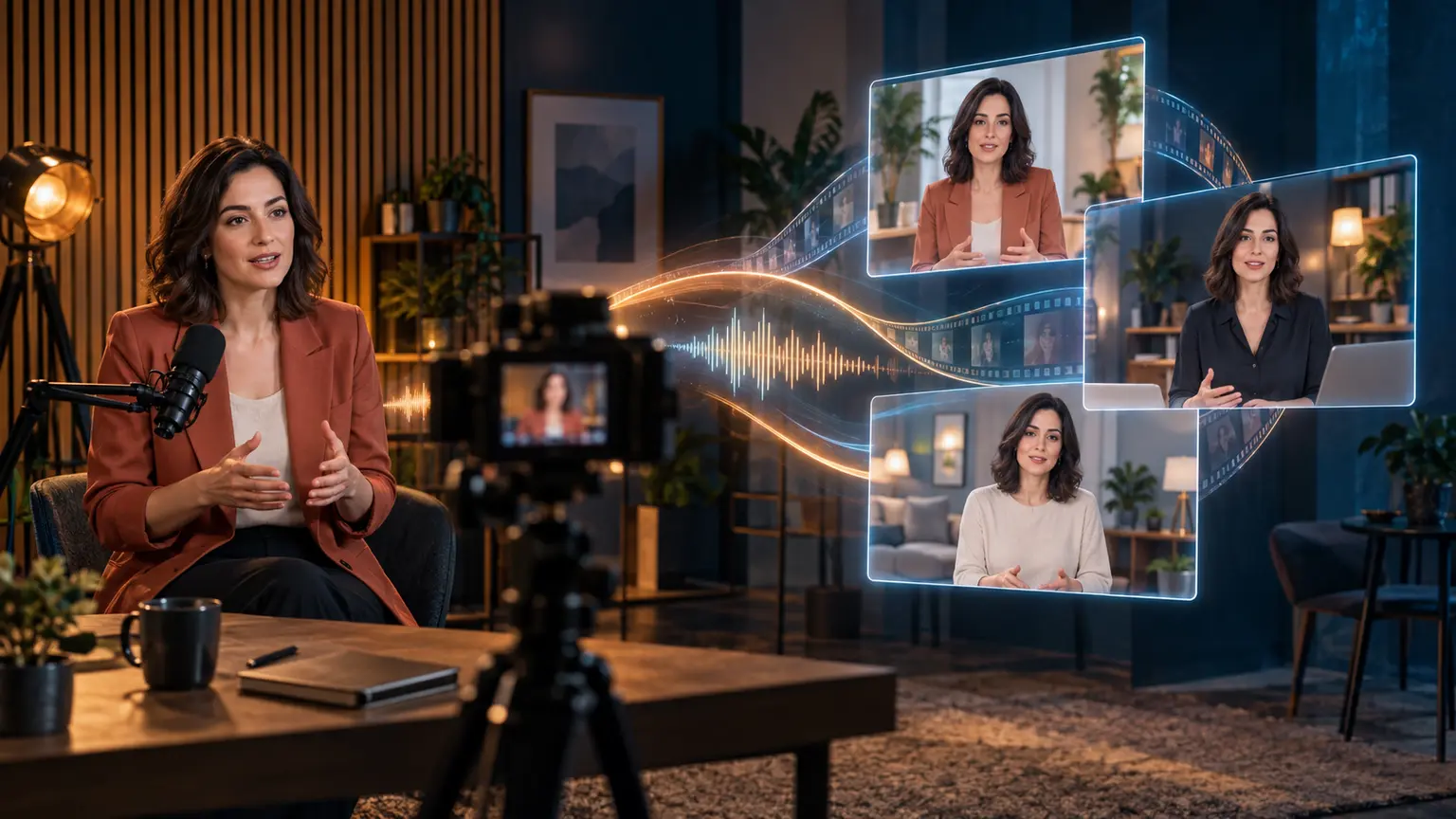 O prezentatoare este înregistrată într-un studio, iar imaginea și vocea ei devin mai multe variante video controlate