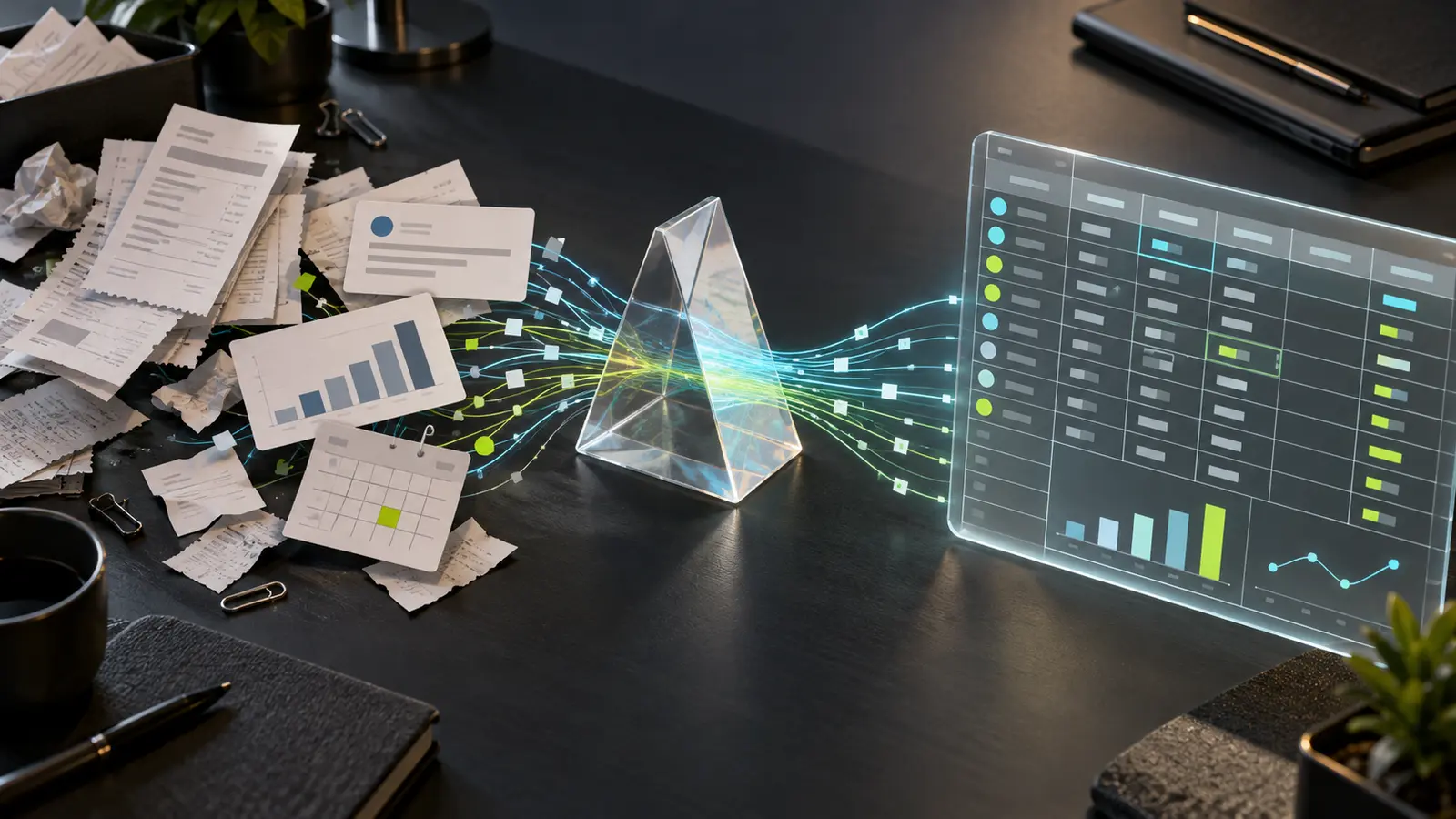 Documente si date dispersate trec printr-un filtru luminos si devin o foaie de calcul organizata cu grafice